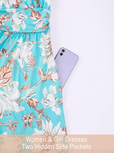 Image of Mommy and Me Floral Dresses Mother Daughter Matching Short Sleeve Tshirt Midi Dress Crew Neck Outfits with Pockets
