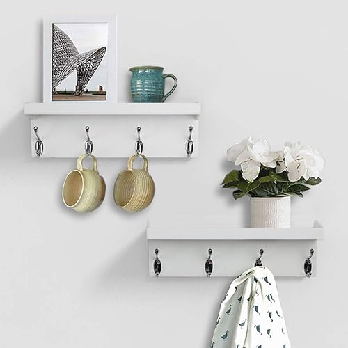 Miniatura 3 de AHDECOR Perchero flotante montado en la pared, estante colgante de almacenamiento con 4 perchas duraderas, color blanco, juego de 2