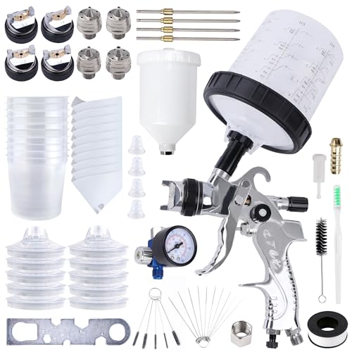 Liliantus HVLP Paint Spray Gun with 1.4/1.7/2.0/2.5mm 4 Nozzles & Air Compressor Regulator,10Pcs 600ML Disposable Paint Cups, Automotive Air Gravity Feed Paint Spray Gun Kit for Auto Paint, Furniture