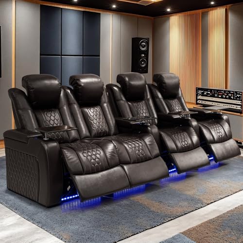 NMXUXMN Home Theater Seating,Top-Grain Leather Recliner Sofa, Zero Gravity Power Reclining Couch with Ambient LED Lights, Cup Holders & USB, Tray Table-Row of 4 Loveseat Left Coffee