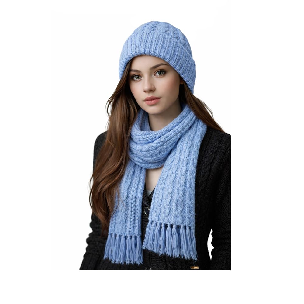 WOOLEN KNITTED CAP WITH MUFFLER (SCARF) WARM AND COMFORT SKY BLUE-image-48