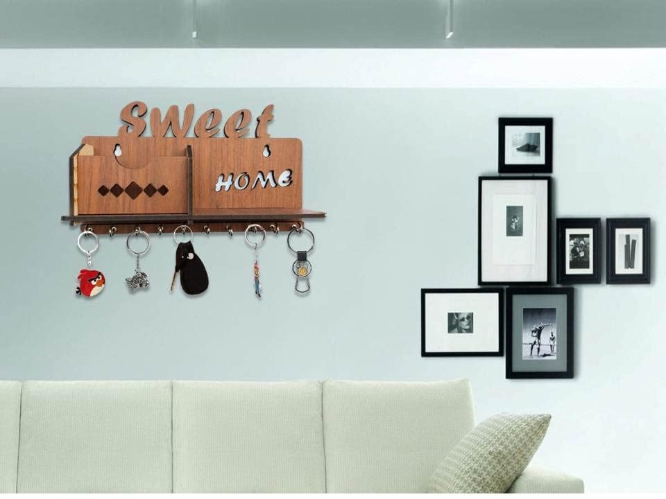 Image of Sweet Home MDF Wood Wall Mounted Design Family Key Holders for Wall Decor Wooden Stylish Hook Stand Key Organizer for Decor Home Office, Living Room, Hall, Kitchen Mobile Charge Stand