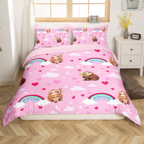 Erosebridal Toddler Size Kids Cartoon Sloth Duvet Cover,Girly Rainbow Animal Bedding Set,Jungle Animal Reversible Bed Sets,Pink Red Rainbow Striped Quilt Cover 2Pcs Microfiber,no Comforter