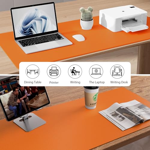 Image of Leather Desk Pad Protector,Mouse Pad,Office Desk Mat, Non-Slip PU Leather Desk Blotter,Laptop Desk Pad,Waterproof Desk Writing Pad for Office and Home (36 inch x 17 inch, Hermes Orange)