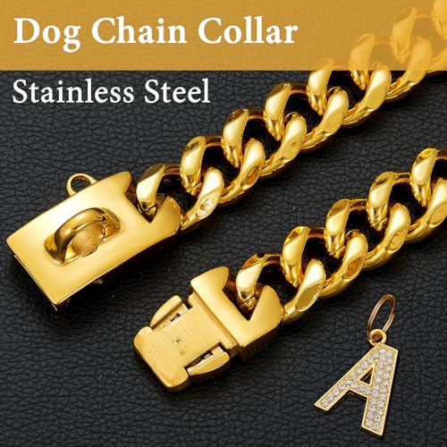 Goldenes Hundehalsband mit Anhänger,Edelstahl-Walking-Metallhalsband,19mm breit, schweres kubanisches Glied,Starke,kausichere Halsbänder für mittelgroße und große Hunde(35cm)
