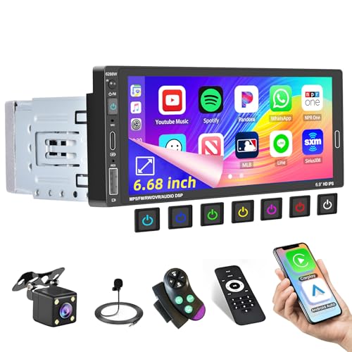 Hikity 6.9 Inch Wireless Apple Carplay Car Stereo Single Din Touch Screen Bluetooth Car Radio with Android Auto Mirror Link EQ, FM Car Audio Receiver with 2USB SWC MIC