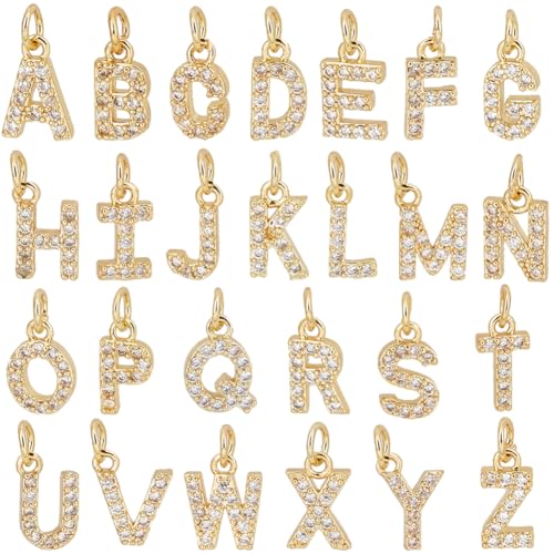 SUNNYCLUE 1 Box 26Pcs Real 18K Gold Plated Rhinestone Letter Charms Gold Alphabet Charms Bulk Golden A-Z Slide Glitter Small Metal Charm for jewellery Making Charms Craft DIY Necklace Bracelet Women