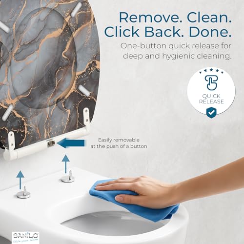 Image of Sanilo Wooden Toilet Seat with Quick Release & Soft Close [ROUND] - Decorative & Slow Close Molded Wood Seat - With One Click for Easy Installation & Cleaning - With Adjustable Fit (Marble Abstract)