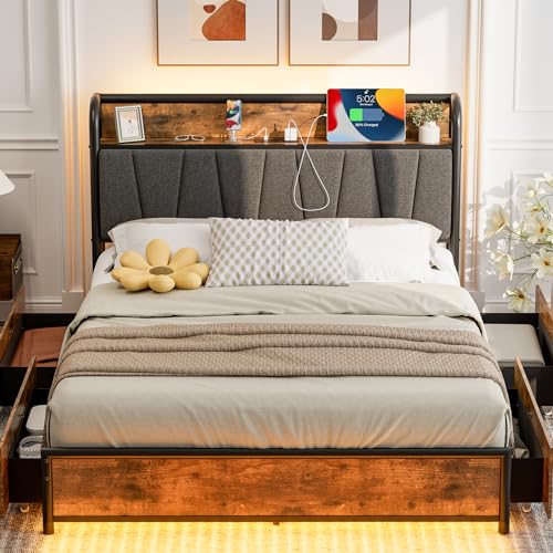 CIKUNASI Queen Size Bed Frame with Headboard and Storage 4 Drawers Platform Bed Frame with Storage Chargin Station LED Light Bed Frame