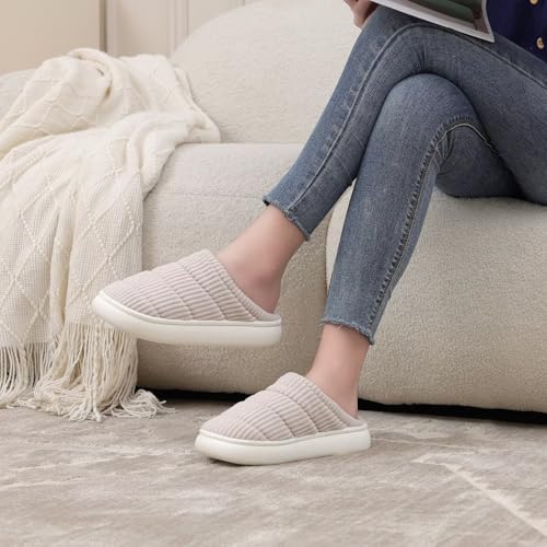 NineCiFun Womens House Shoes Warm Memory Foam Slippers for Women Indoor Soft Fleece Lined Womens Slippers Beige,13-142