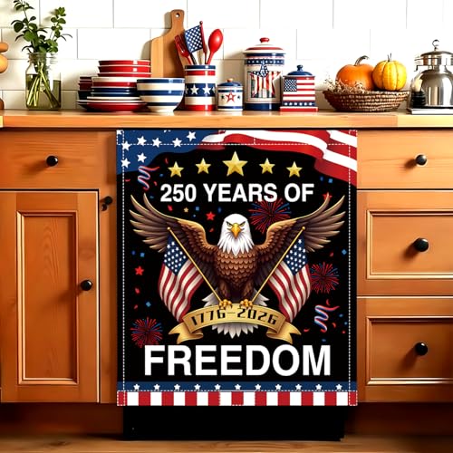 Image of 4th of July Patriotic Dishwasher Magnet Cover, 250 Years Anniversary Dishwasher Magnet Covers American Flag USA Dishwasher Sticker Summer Dish Washer Magnets Kitchen Refrigerator Fridge Panel Decal