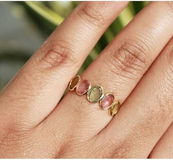 Natural Watermelon Tourmaline Ring for Women 925 Sterling Silver Oval Cut Pink & Green Multi-coloured Gemstones Stackable Band Ring, Birthstone, Promise Ring Jewelry Gift for Her2