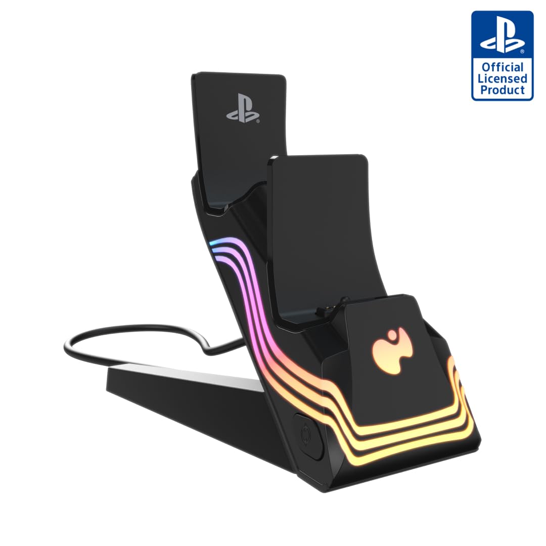 PDP Afterglow Wave LED Dual Gaming Charger for 2 PlayStation 5 DualSense Controllers, Compatible with PS5 and PS4, Customizable RGB Lighting Effects - Black