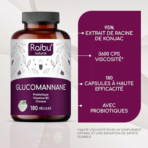 Glucomannane Konjac Pur, 4100mg par Jour, 180 gélules - Pure 95% de Fibre Konjac, avec Probiotique, Chrome et Vitamine B3 - Haute viscosité, haute satiété, Raibu – vue 2
