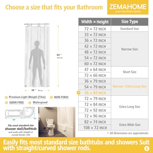 Image of ZEMAHOME Narrow Long Clear Plastic Shower Curtain Liner, 36x84 Inch Thin Lightweight Transparent Plastic Bathroom Shower Showroom Inner Curtain with Rustproof Metal Grommet Holes and Weighted Magnets