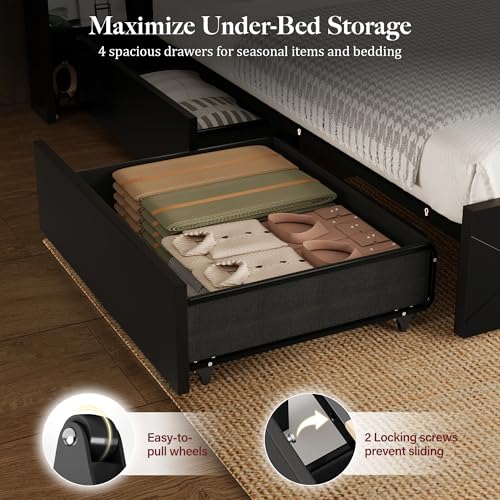 Uteeran King Size Bed Frame with 2 Bedside Storage Racks & 4 Locking Drawers, 51.2" Tall Headboard with Charging Station & RGB LED Lights, Farmhouse Platform Bed Frame, No Box Spring Needed, Black — view 4