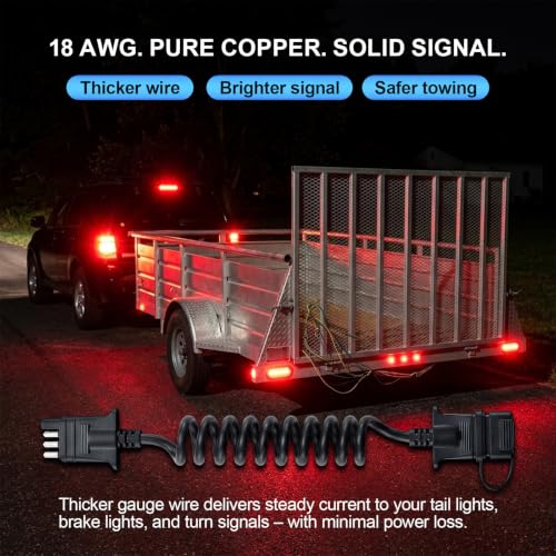 Image of 4-Way Flat Trailer Light Wiring Extension Cable - 18AWG, 4.5Ft (55in) Stretchable Coiled Hitch Plug with Sealed Cap, Heavy-Duty Sheath Copper Wire Harness, Quick-Connect 4-Pin Trailer Adapter Extender