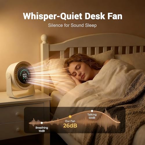Image of Desk Fan with LED Digital Display, USB Rechargeable Quiet Desktop Fan, Touch Control Portable Mini Table Fan with 5 Speed Modes, 360Adjustable Tilt for Bedroom, Office & Home (Khaki)