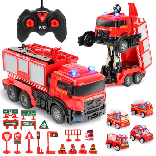 Charmofun Gros Camion Pompier avec Sonore et Lumineux, Voiture Pompiers Telecommande avec Pulvérisation d'eau, Robot Transformable Voiture Télécommandé...