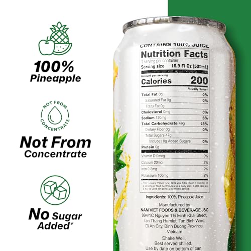 Image of VINUT 100% Pineapple Juice, No Added Sugar, Not From Concentrate, 16.9 fl oz (500 mL) Can, Pack of 12