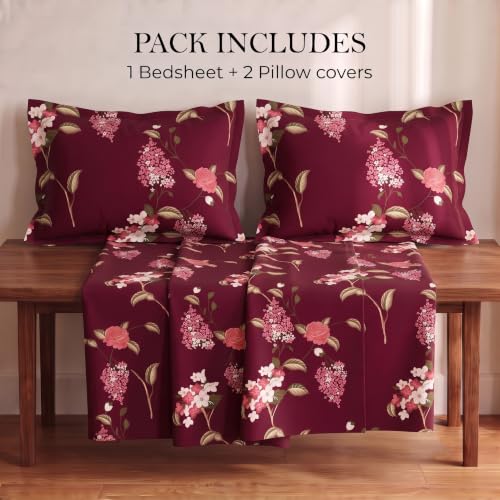 Image of VAS COLLECTIONS 240 TC Cotton Double Bedsheet with 2 Pillow Covers, Ultra Soft & Breathable Bed Sheet Set, Skin Friendly, Fade Resistant, Easy Care Bedding, 90 x 100 Inches - Deep Crimson