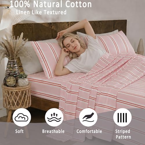 Image of Merryword 100% Cotton Sheet Set King Size, Pink Stripes Bedding, Soft Breathable Percale Weave, Modern Minimalist, Luxury Linen Like, Deep Pocket Fitted Sheet 17.5 inch
