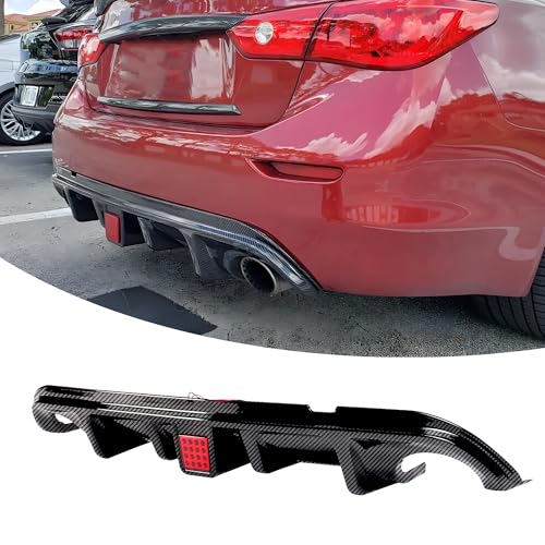 NEESPOC Rear Diffuser with Light Fit for Infiniti Q50 2014 2015 2016 2017 Add-on Body Kit Rear Bumper Lower Lip Splitter Exterior Accessories (Carbon Fiber Style)