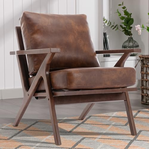 INZOY Mid-Century Modern Accent Chair with Wood Frame, PU Leather Living Room Chair and Soft Thick Padded Armchair