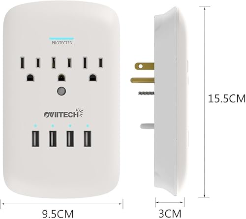 Miniatura 3 de Oviitech Adaptador de montaje en pared con protector de sobretensiones con 4 puertos de carga USB (4.2 AMP), 3 enchufes extensores de toma, blanco,