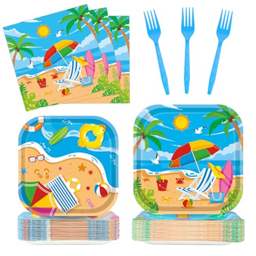 CHUNNIN 96Pcs Beach Party Supplies Summer Pool Party Paper Plates Napkins Forks Set Hawaiian Sand Beach Party Disposable Pool Themed Square Tableware for Kids 24 Guests Summer Holidays Party Decors