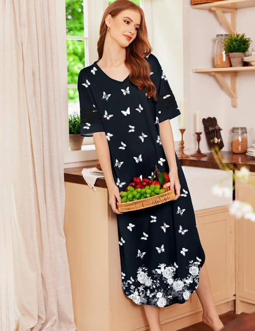 Ekouaer ロングナイトガウン、レディースVネックラウンジウェアオーバーサイズ寝間着ルーズスリープドレスS-4XL, ブラックバ