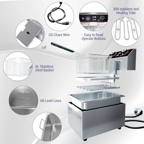 GarveeHome Commercial Deep Fryer with Basket, 6.3 QT/6 L Stainless Steel Electric Countertop Fryer with Temperature Control for Restaurant and Home Use,1500 W