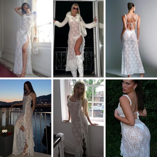 RARITYUS Women Sleeveless See Through Floral Lace Maxi Dress Sexy Backless Side Slit Dress Ruffle Flowy Beach Cover Up Dress3