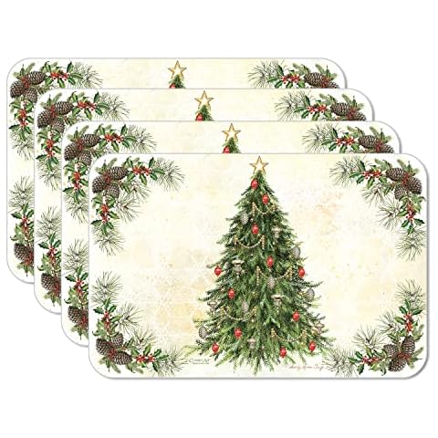 CounterArt Vintage Christmas Tree, Reversible Easy Care Flexible Plastic Placemat, 4 Pack, Made in The USA Cover
