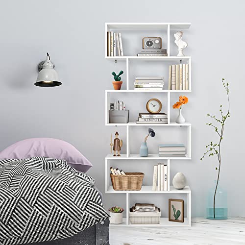 Giantex Geometric Bookcase White, Solid Wood S-Shaped Bookshelf, 6-Tier Modern Freestanding Decorative Storage Display Shelves For Bedroom, Living Room #TOP3