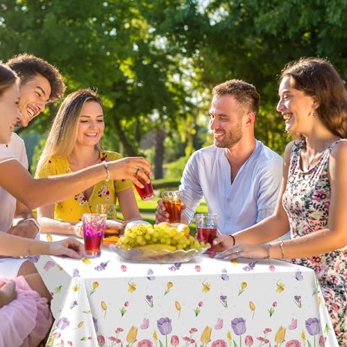 Image of Kochorie 100 Ft x 54 Inch Spring Flower Tulip Tablecloth Roll Plastic Floral Disposable Table Cover Butterfly Wildflower Themed Backdrop for Spring Floral Tea Party Birthday Wedding Decor