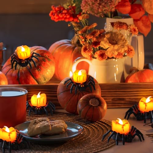 Image of 12Pcs Halloween Spider LED Tea Lights Battery Orange Spooky Home Dec | 3.4X2.8X2 in, Made of Smooth Plastic, Flameless Bright Spooky Decor For Halloween & Fun Holiday Parties