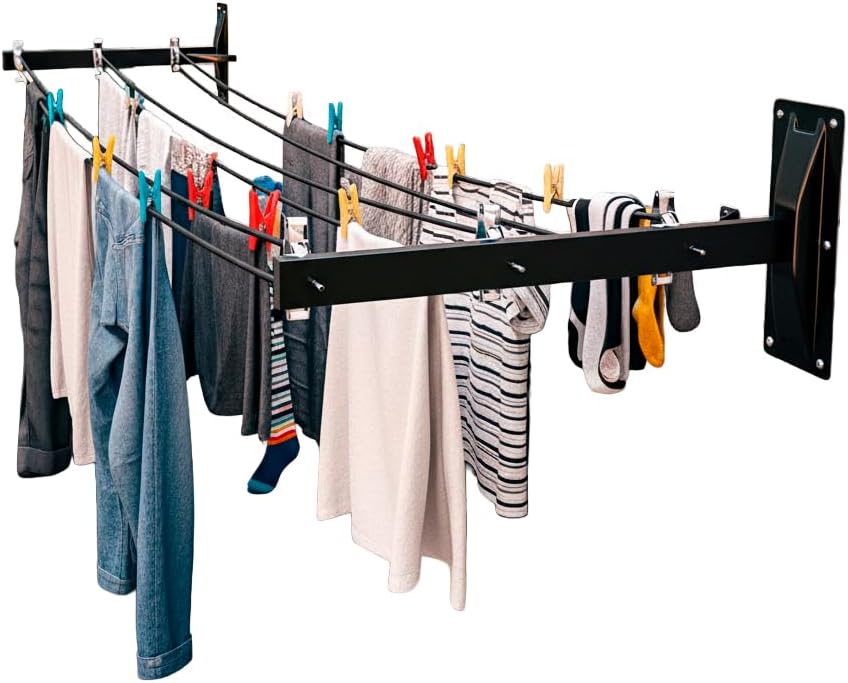 Amig - Outdoor Wall Clothesline - 6 Stainless Steel Pulleys for 3 Ropes - Holds Large Capacity of Wet Clothes - Outdoor Use - Easy Installation - Compact and Durable - Black - 45x18,5x8 cm