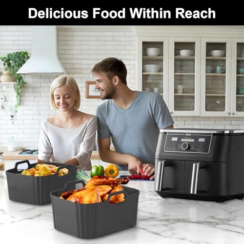 Image of 10QT Large Thickened Silicone Air Fryer Liners 2 Pack for Ninja Foodi Dual Zone DZ550 DZ401 DZ550GY DZ302, Reusable 2-Basket Trays, 6-in-1 DualZone Airfyer Accessories