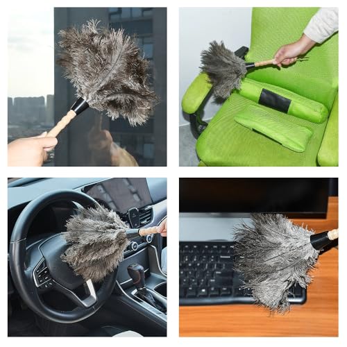 Image of Ostrich Feather Duster 13.39 inch Premium Feather Duster with Wooden Handle Delicate Surfaces Cleaning Supplies for Car Home Office