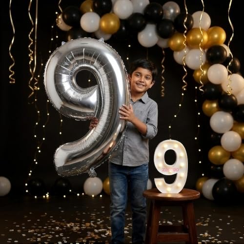 Image of Balloonistics Silver 40-Inch Foil Number 9 Balloon with Matching LED Marquee Light - Combo Set for 9th Birthday, Anniversary, Party Decoration, Photo Booth Backdrop