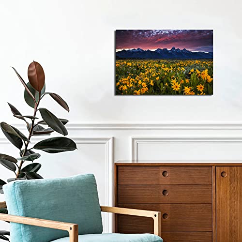 Grand Teton Wall Art For Living Room, Sunflower Pictures Wall Decor Nature Mountain Canvas Wall Art Sunset National Park Landscape Poster Photography Painting For Bedroom Office Home Decoration 12X16" #TOP2
