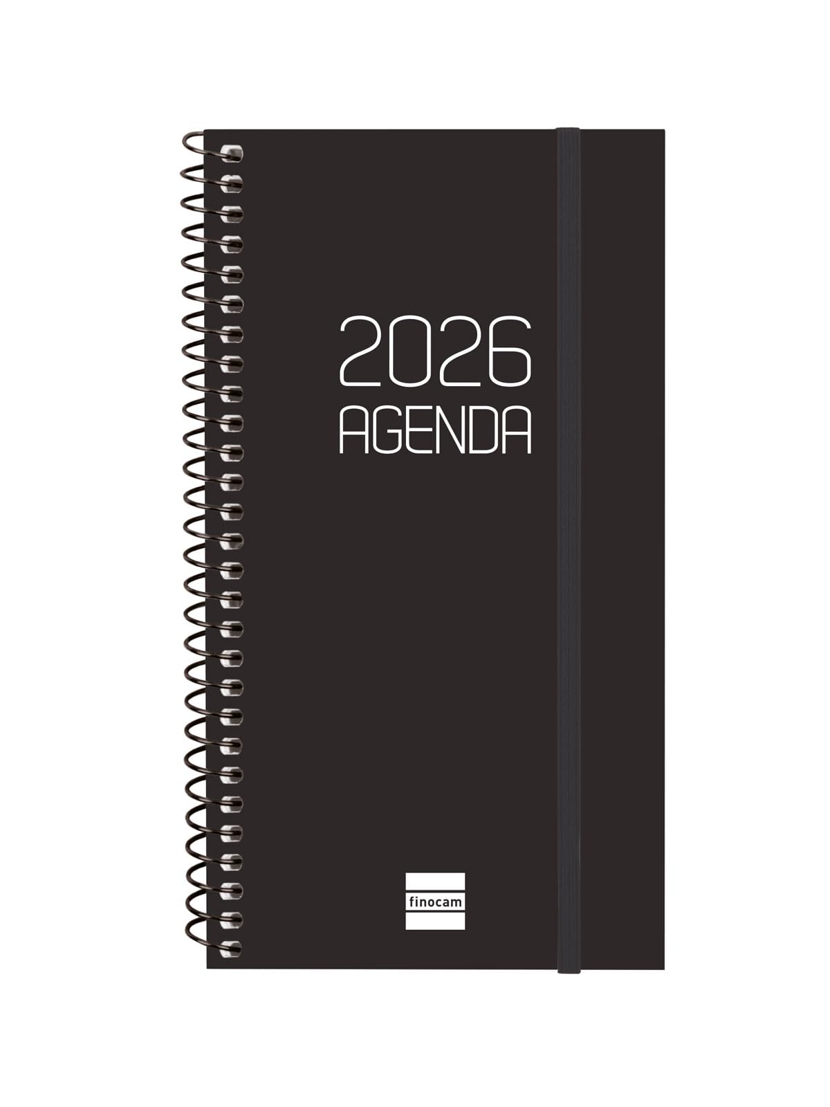 Finocam - Spiral Agenda 2026 Week to View Horizontal | January - December (12 months) | 2026 Yearly Agenda with Rubber | Polypropylene Spiral Opaque Cover - Black - Catalan