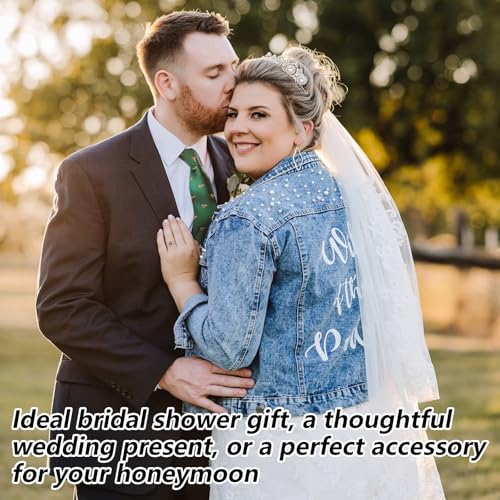 UIDMEN Personalisierte bestickte Jeansjacke für die Braut, Jacke für die zukünftige Frau, individueller Name der Braut und besonderes Datum, Perlen-Jeansjacke, Geschenke für Hochzeit, Verlobung