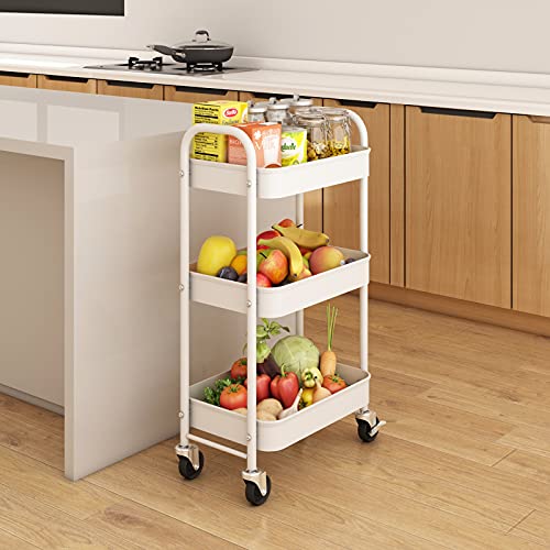 Simple Trending 3-Tier Heavy Duty Metal Utility Rolling Storage Cart With Lockable Wheels, White #TOP1