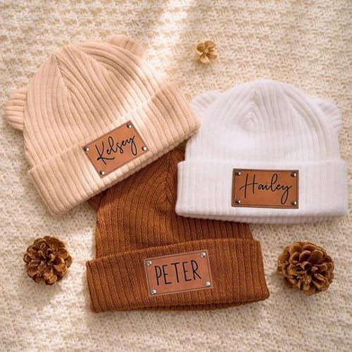 Personalized Name Baby Beanie Hat, Name Knitted Beanie,Leather Patch Hat for Toddler Birthday Gift, New Mom Gifts Multi4