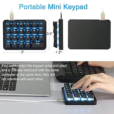 Koolertron One Handed Macro Mechanical Keyboard, Blue LED Backlit Portable Mini One-Handed Mechanical Gaming Keypad 23 Fully Programmable Keys Red Switches (Blue Backlit/Red switches)
