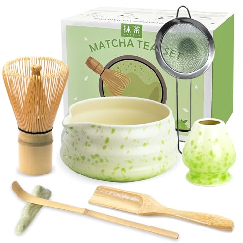 JBER Matcha Kit 7 Pièces, Matcha Set - Fouet Matcha Bambou, Bol à Matcha, Support pour Fouet, Cuillère et Tamis, Kit Matcha pour Cérémonie du Matcha, Beige Vert