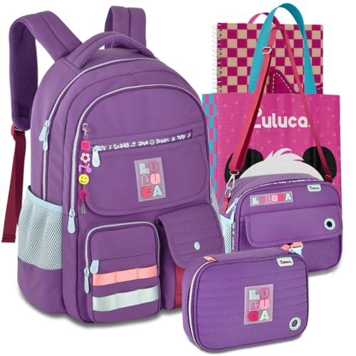 Kit Mochila Luluca Escolar Lancheira Estojo Escolar Meninas Resistente Infantil Juvenil (Roxo)
