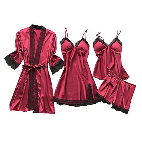 Yunweisi Silk Lace Babydoll Sexy Frauen Dessous V Ausschnitt Mit Blumenspitze Nachtwäsche Set Satin Kimono Damen Nachthemd Robe Hausanzug Bademantel Seide Roben Pyjamas Set Cover